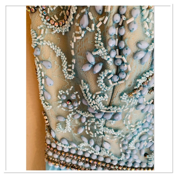 Cassandra Stone Evening Gown Beaded Jewel Bodice Pleated Long Dress Blue Size 4 - Picture 4 of 15